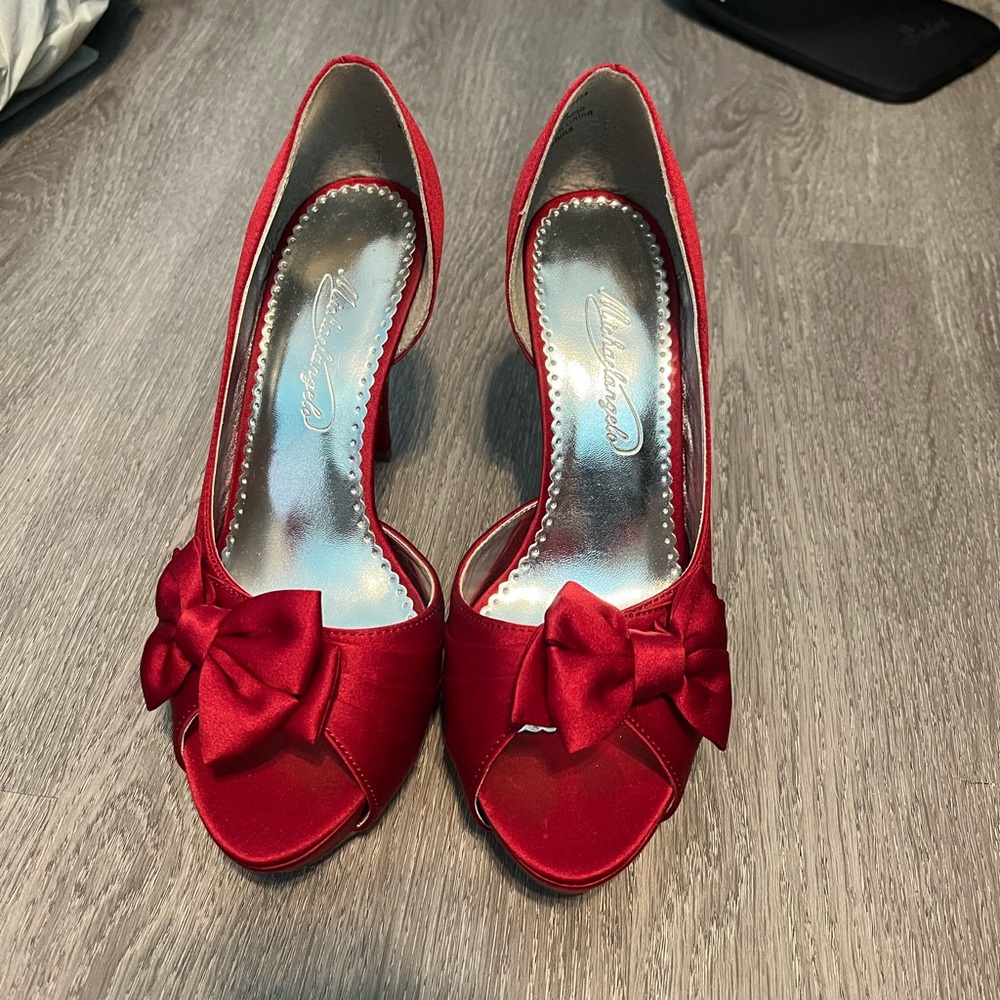 Fancy Red satin evening peep toe heels